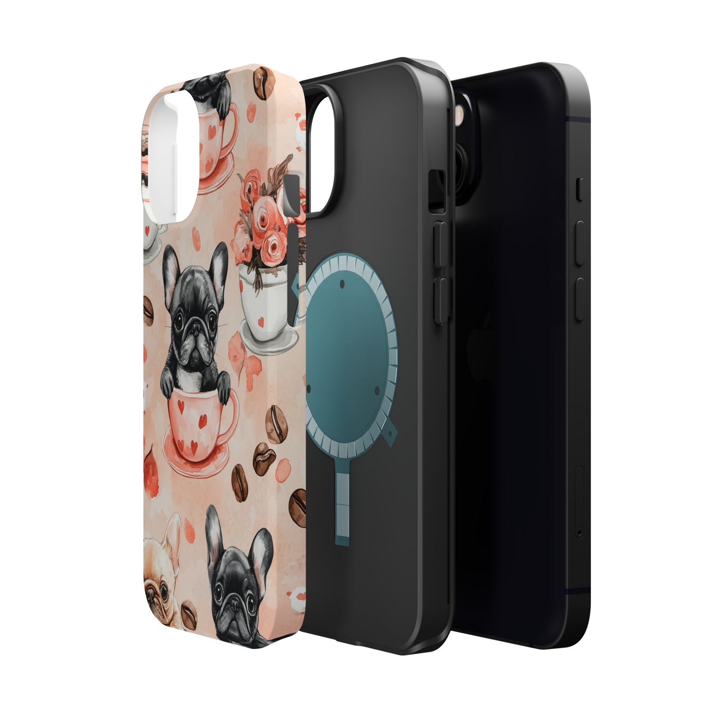 French Bulldogs in Heart Teacups MagSafe iPhone Case – Cute Dog & Floral Design, Shockproof Protection