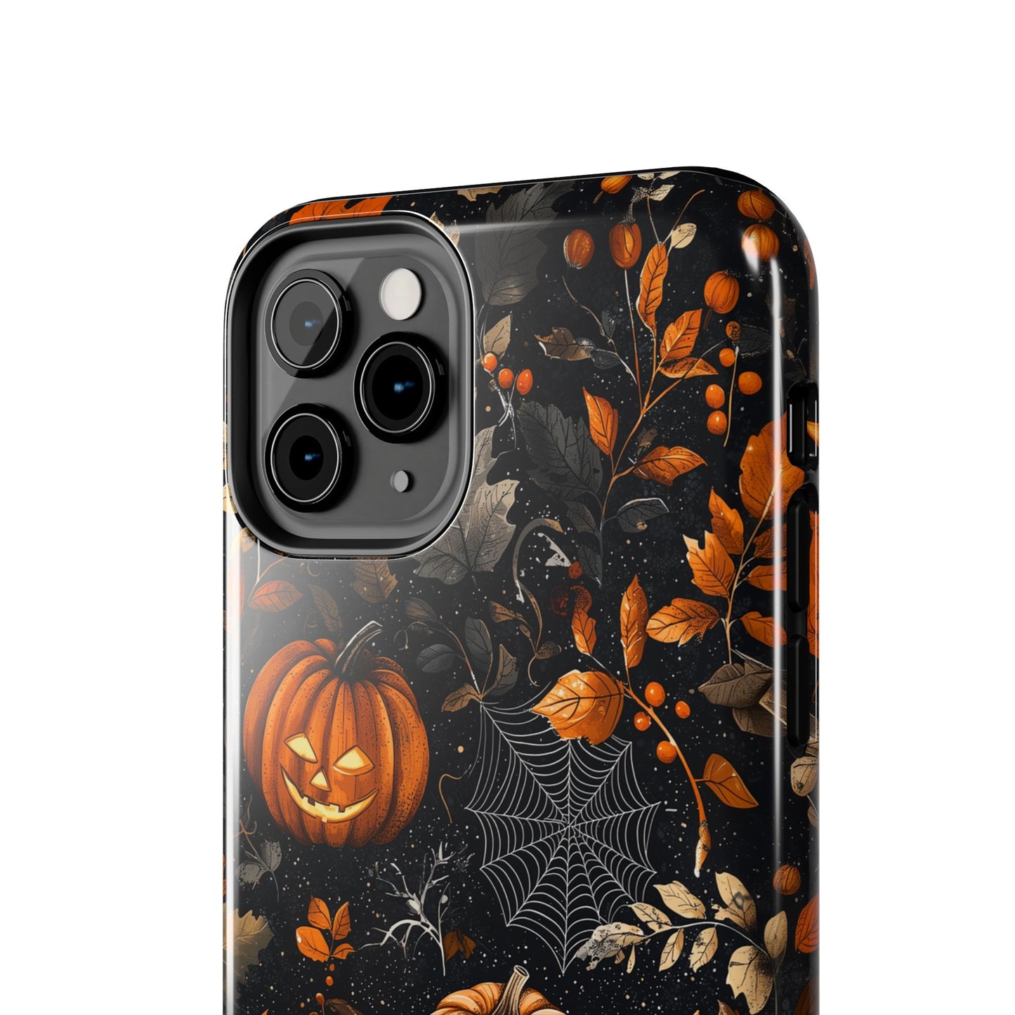 Elegant Halloween iPhone Case – Pumpkin Jack-o'-Lanterns, Cobwebs & Autumn Foliage Design