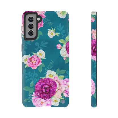 Elegant Peony Bouquet Samsung Galaxy Case – Deep Teal Background with Romantic Floral Design