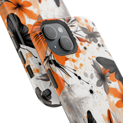 Orange Blossom & Black Butterfly MagSafe iPhone Case – Bold Floral Pattern with Modern Abstract Style