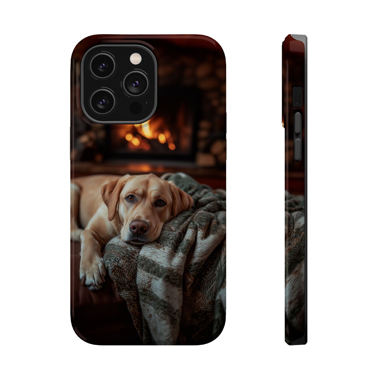 Cozy Labrador by Fireplace MagSafe iPhone Case – Rustic Cabin Protective Cover