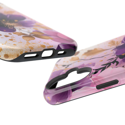 Elegant Purple & Gold Floral MagSafe iPhone Case - Luxe Flower Design