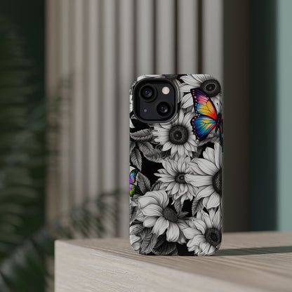 Rainbow Butterflies & Monochrome Sunflowers – MagSafe iPhone Case