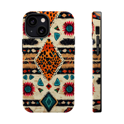 Wild Boho Leopard Print & Floral Tough MagSafe iPhone Case – Eclectic Tribal Design, Dual-Layer Protection