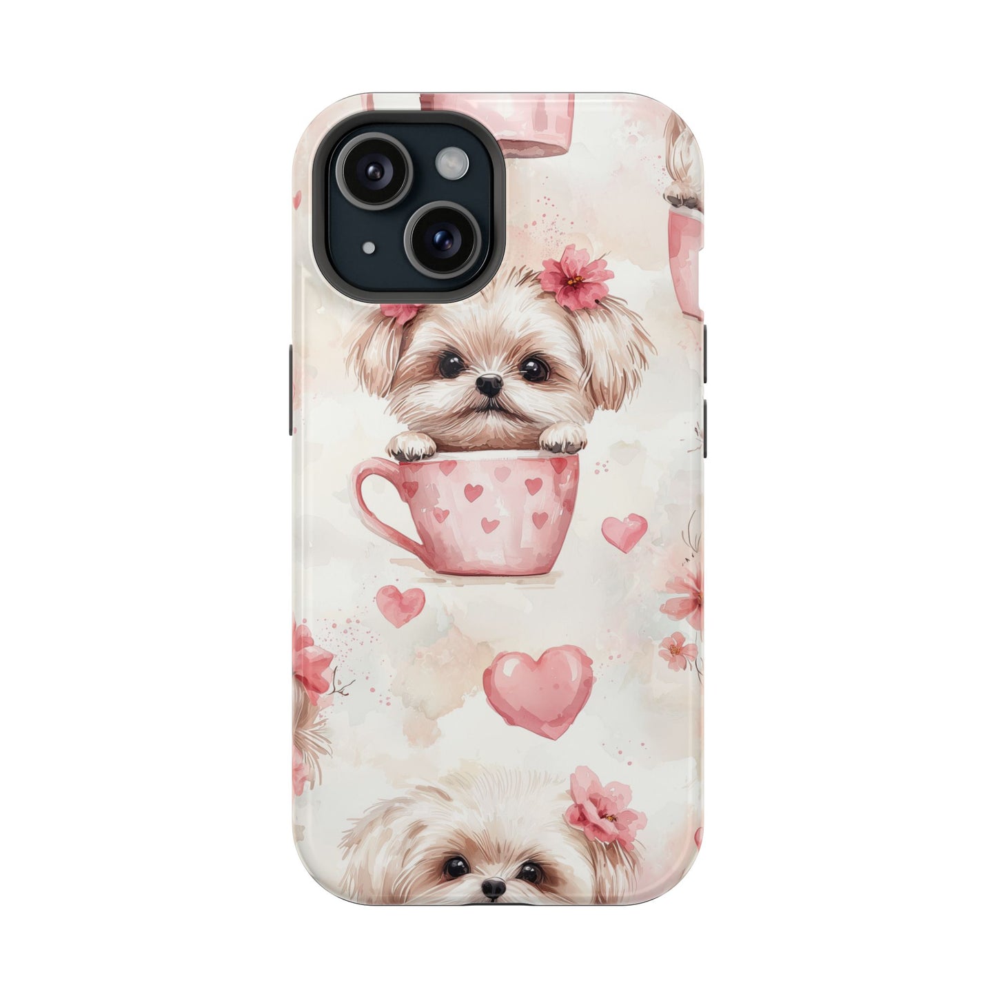 Floral Puppy in Teacup MagSafe iPhone Case – Cute Pink Flower Design, Tough Dual-Layer Protection