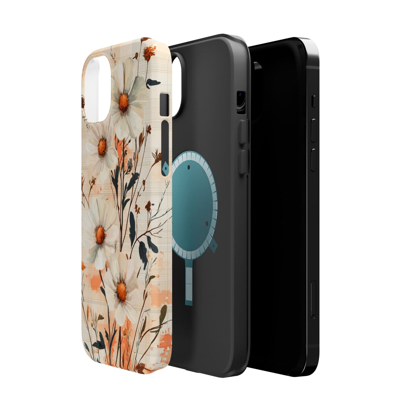 Pastel Orange Floral MagSafe iPhone Case - Elegant Plaid Protective Cover