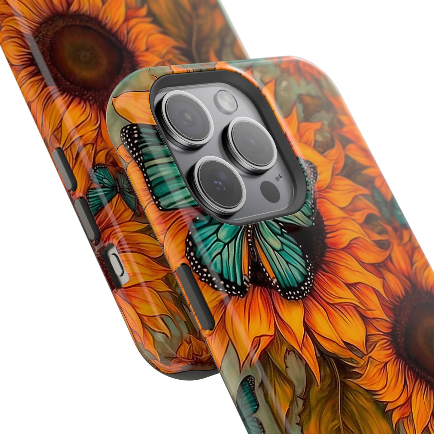 Vintage Blue Butterfly & Sunflower Art – MagSafe iPhone Case