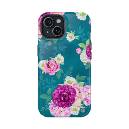 Elegant Peony Bouquet MagSafe iPhone Case – Deep Teal Background with Romantic Floral Design