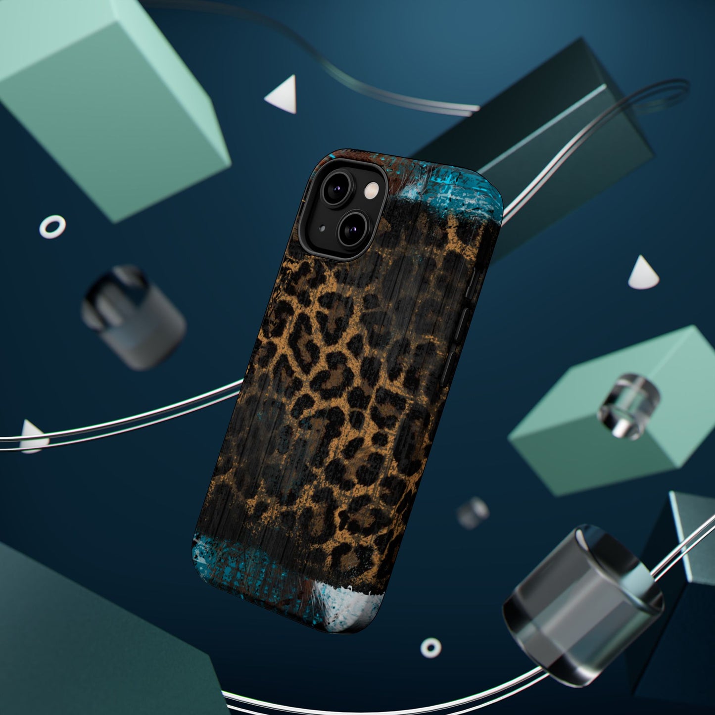 Boho Leopard and Turquoise Tough MagSafe iPhone Case – Rustic Western Design with Dual-Layer Protection