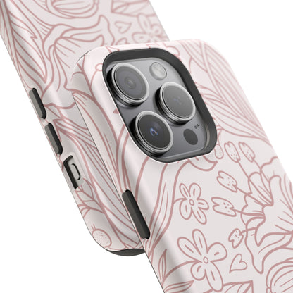 Blush Floral Line Art Tough MagSafe iPhone Case – Delicate Minimalist Design with Dual-Layer Protection