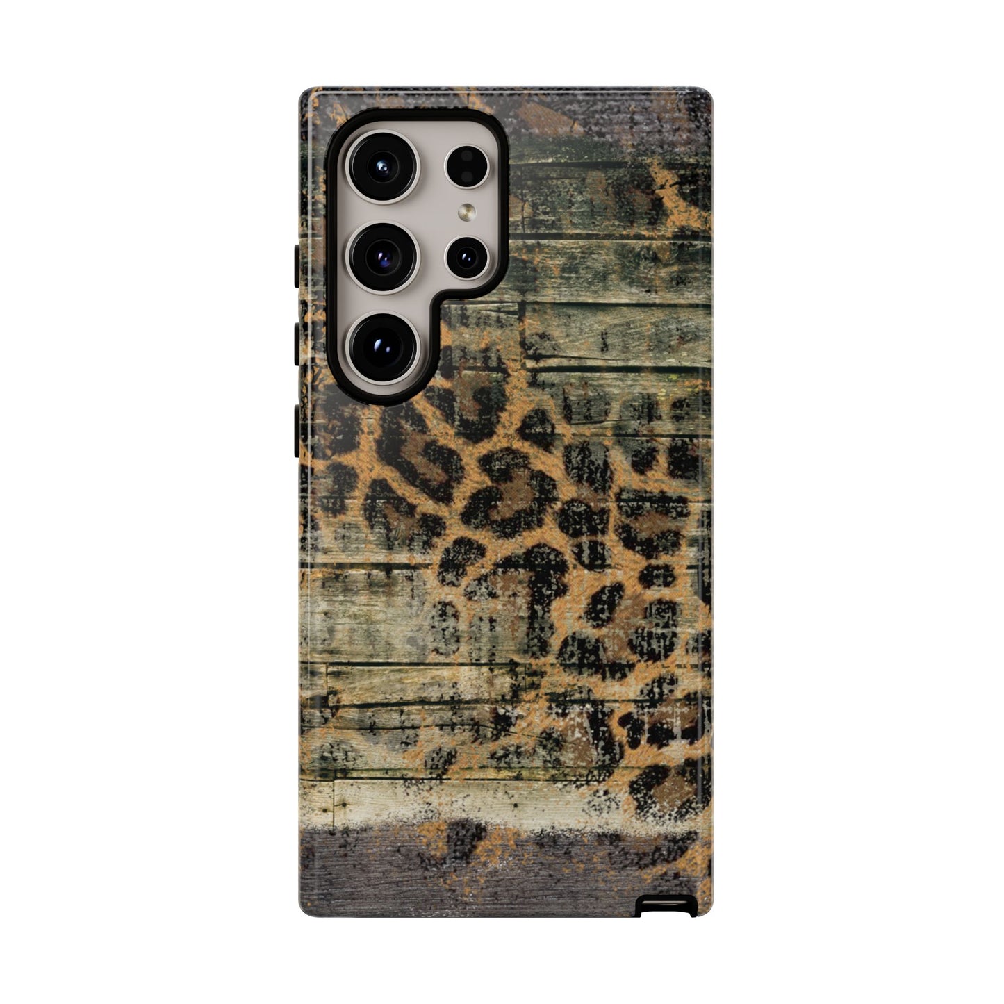 Rustic Wood and Leopard Print Tough Samsung Galaxy Case – Distressed Western Design with Dual-Layer Protection