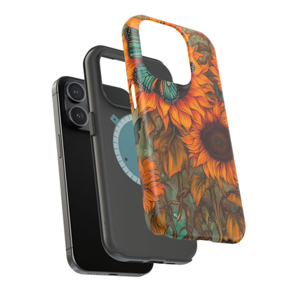 Vintage Blue Butterfly & Sunflower Art – MagSafe iPhone Case