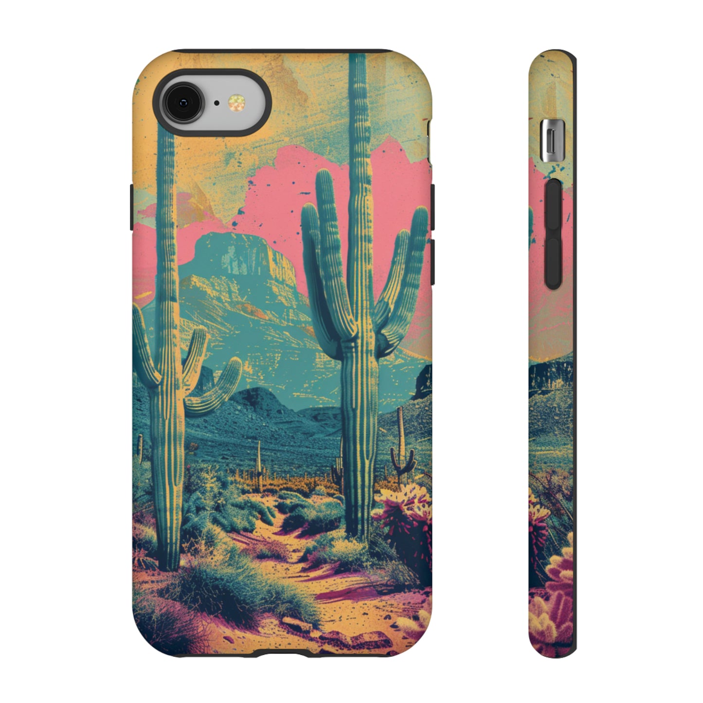 Desert Oasis Retro Cactus Phone Case - Vibrant Sunset Landscape for iPhone 15/14/13/12, Samsung S24/S23/S22/S21, & Google Pixel