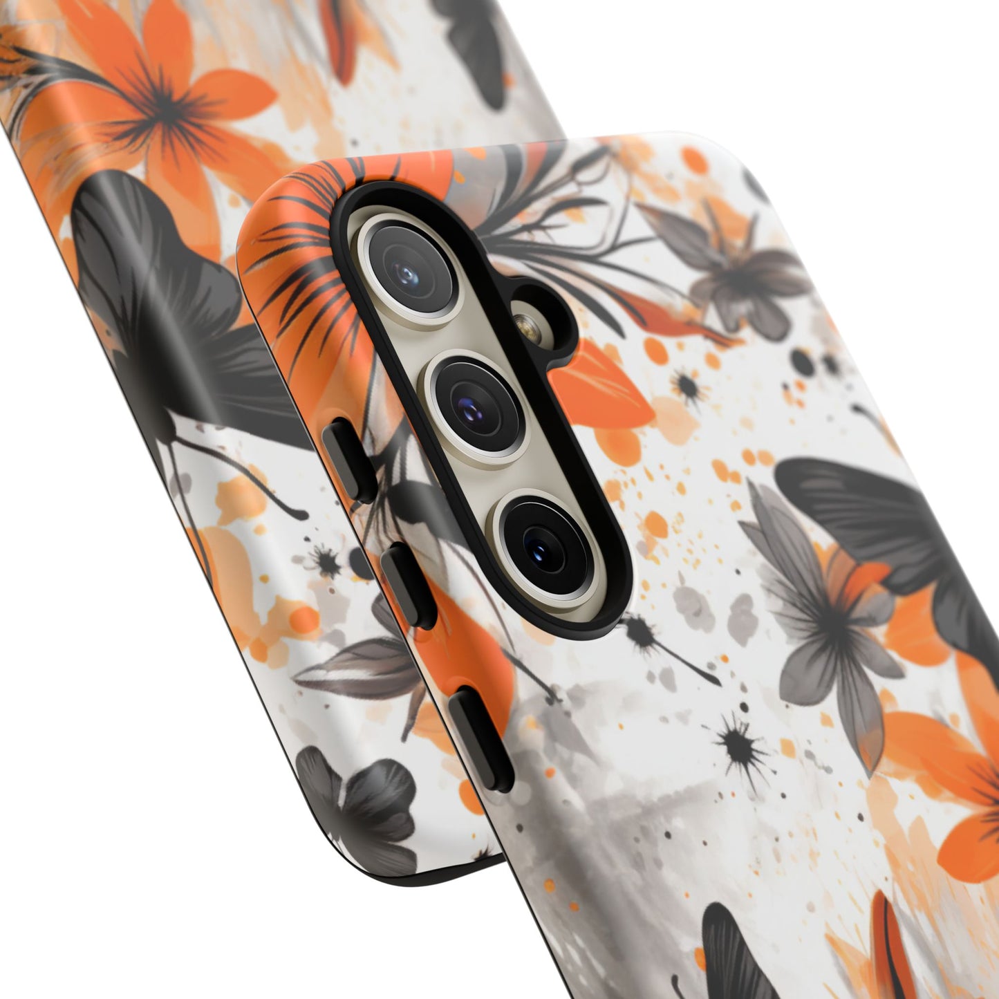 Orange Blossom & Black Butterfly Samsung Galaxy Case – Bold Floral Pattern with Modern Abstract Style