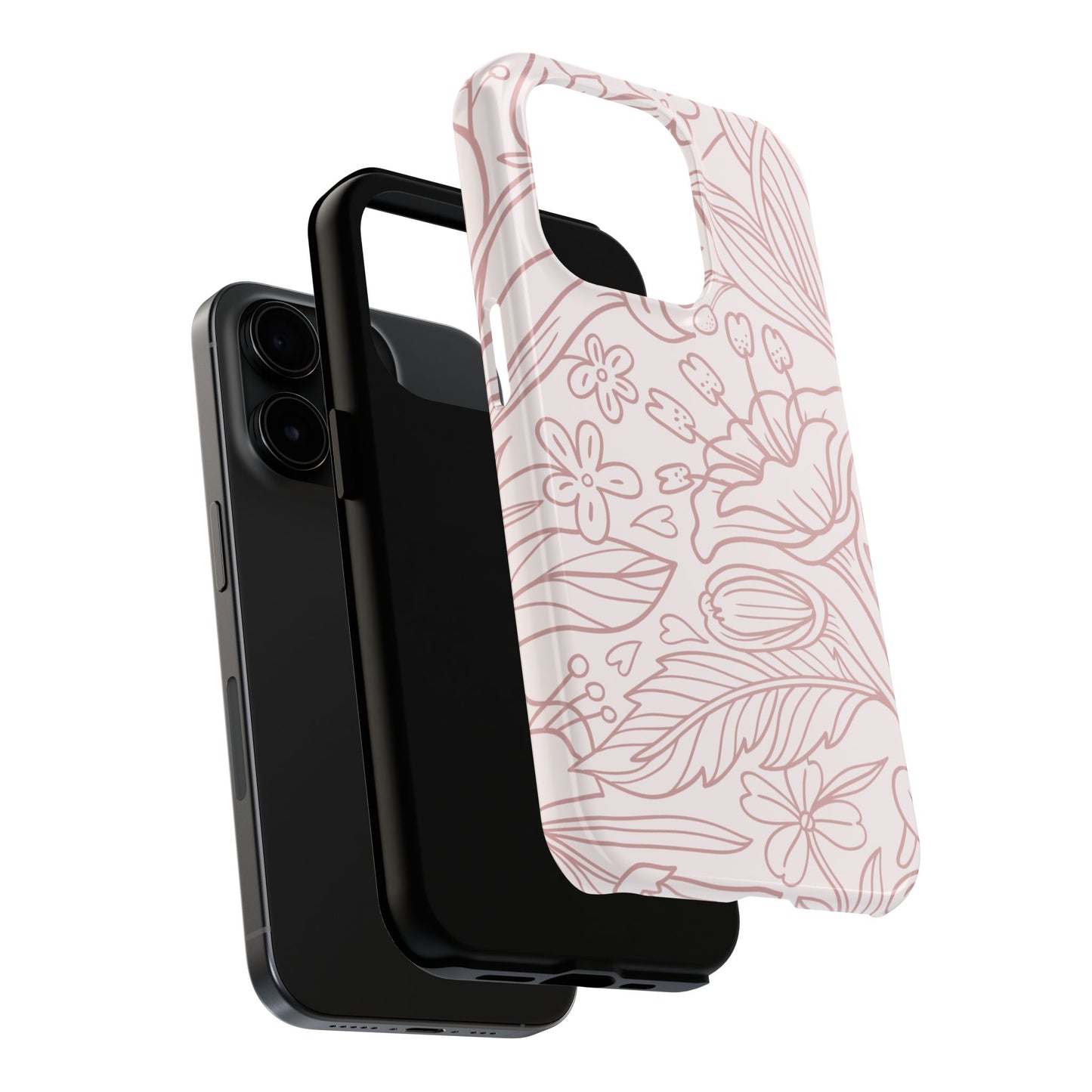 Blush Floral Line Art Tough iPhone Case – Delicate Minimalist Design with Dual-Layer Protection