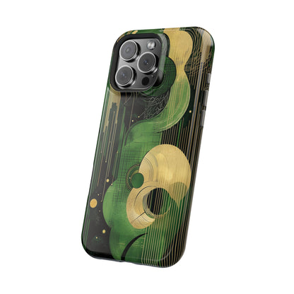 Abstract Green & Gold MagSafe iPhone Case - Geometric Art Deco Protective Cover