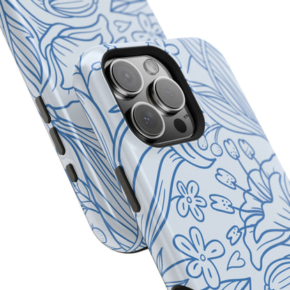 Dusty Blue Floral Line Art Tough MagSafe iPhone Case – Minimalist Botanical Design with Dual-Layer Protection