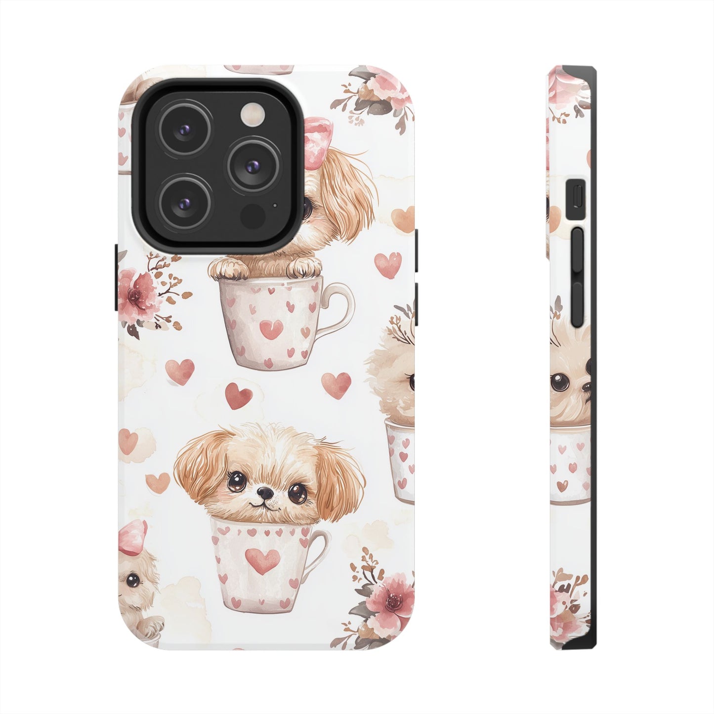 Cute Puppies in Heart Mugs iPhone Case – Adorable Dog & Floral Design, Shockproof & Slim - BOGO Cases