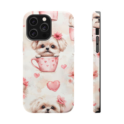 Floral Puppy in Teacup MagSafe iPhone Case – Cute Pink Flower Design, Tough Dual-Layer Protection