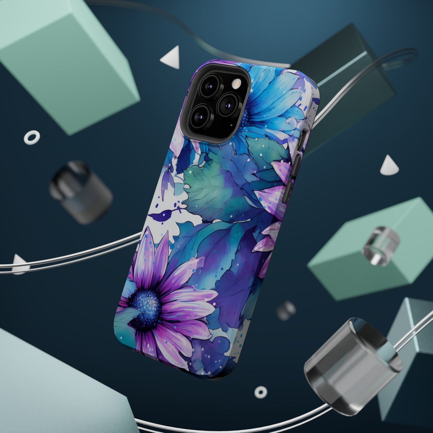 Purple & Teal Watercolor Floral MagSafe iPhone Case - Artistic Flower Design