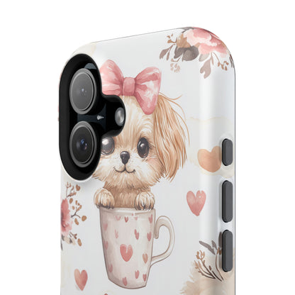 Cute Puppies in Heart MagSafe iPhone Case – Adorable Dog & Floral Design, Shockproof & Slim