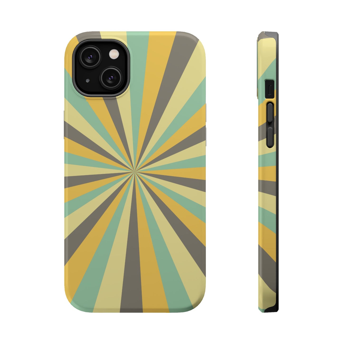 Vintage Sunburst Rays MagSafe iPhone Case – Bold 70s-Inspired Burst in Yellow, Mint, and Gray