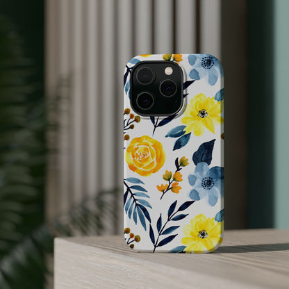 Golden Yellow & Sky Blue Floral – Watercolor Botanical MagSafe iPhone Case