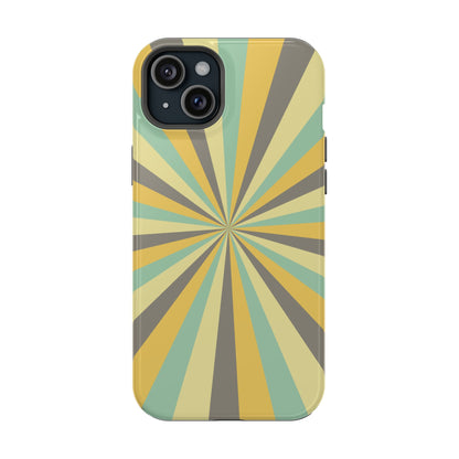 Vintage Sunburst Rays MagSafe iPhone Case – Bold 70s-Inspired Burst in Yellow, Mint, and Gray