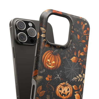 Elegant Halloween MagSafe iPhone Case – Pumpkin Jack-o'-Lanterns, Cobwebs & Autumn Foliage Design