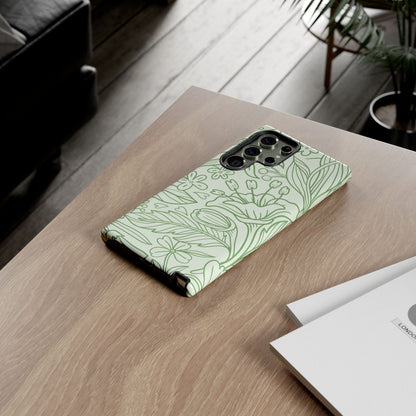 Sage Green Floral Line Art Tough Samsung Galaxy Case – Minimalist Botanical Design with Dual-Layer Protection