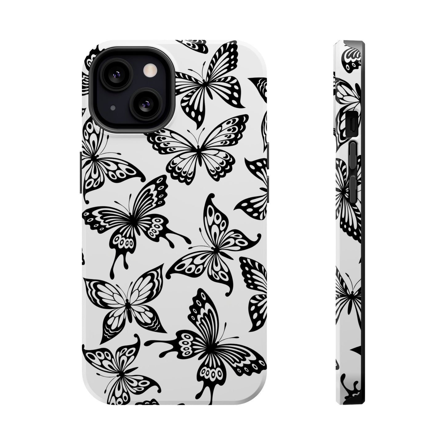 Monochrome Butterfly Pattern Tough MagSafe Case – Dual-Layer Protection with Matte Finish