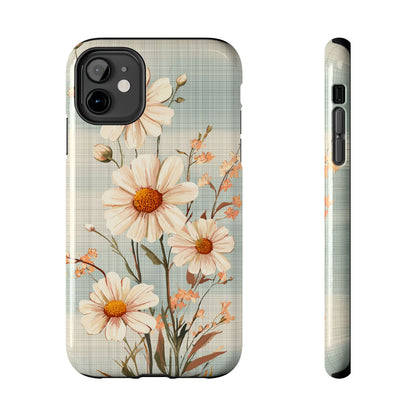 Vintage Plaid & Daisy Floral Tough iPhone Case – Dual-Layer Protection with Retro Flower Design