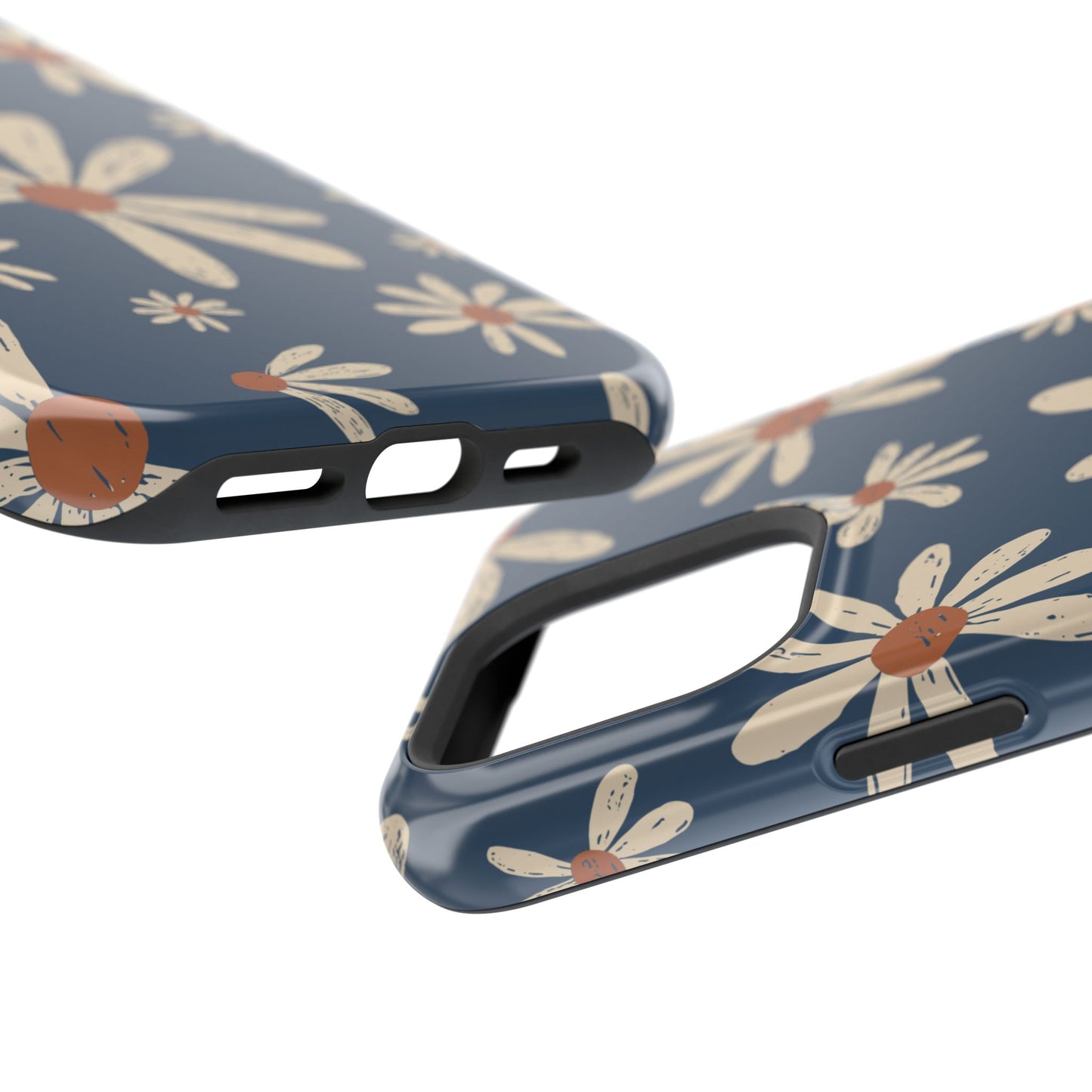 Vintage Daisies MagSafe iPhone Case – Navy Blue Floral Design, Scratch-Resistant with Shock-Absorbing Bumper