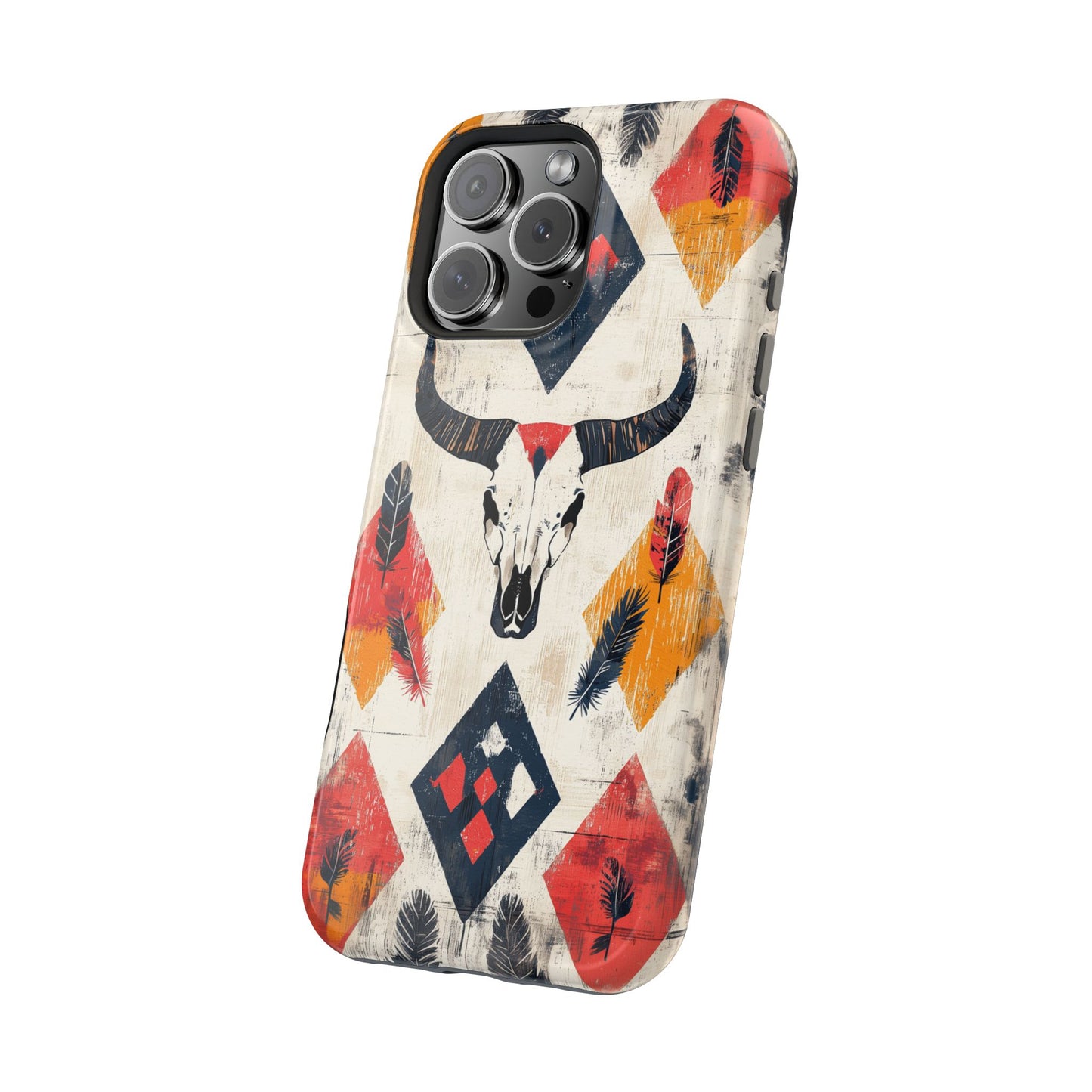 Western Bull Skull & Feathers Tough Mag Safe iPhone Case – Bold Tribal Design, Dual-Layer Protection