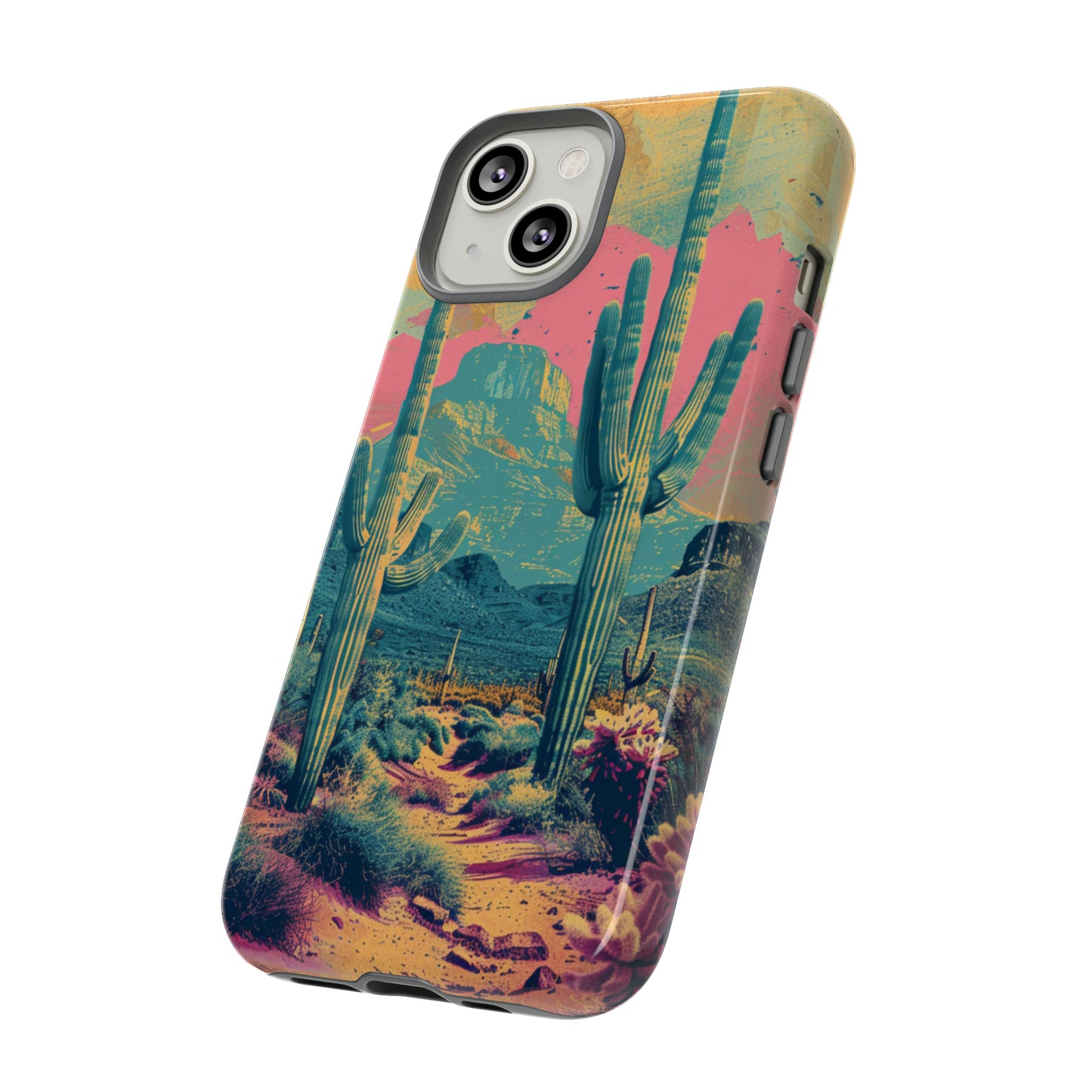 Desert Oasis Retro Cactus Phone Case - Vibrant Sunset Landscape for iPhone 15/14/13/12, Samsung S24/S23/S22/S21, & Google Pixel