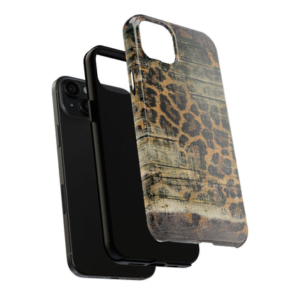 Rustic Wood and Leopard Print Tough iPhone Case – Distressed Western Design with Dual-Layer Protection