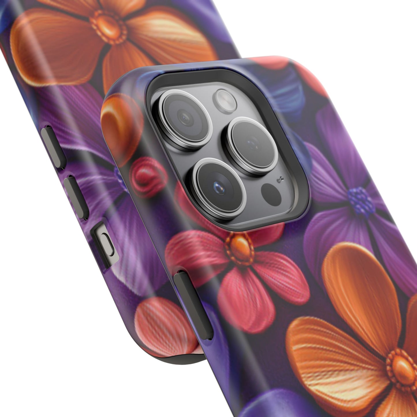 Bold Floral 3D MagSafe iPhone Case – Vivid Purple and Orange Flower Design, Shock-Resistant