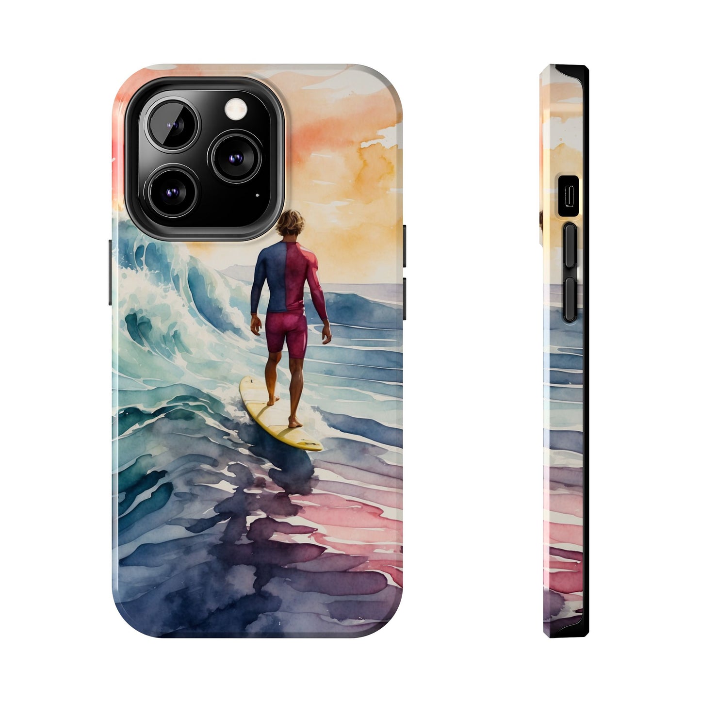 Surfer’s Sunset Wave iPhone Case – Vibrant Watercolor Design