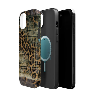 Rustic Wood and Leopard Print Tough MagSafe iPhone Case – Distressed Western Design with Dual-Layer Protection