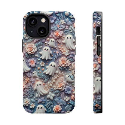 Cute MagSafe Ghosts Flowers Phone Case | Ethereal Clay Style | Autumn and Halloween Aesthetic | Tough Dual Layer Protection