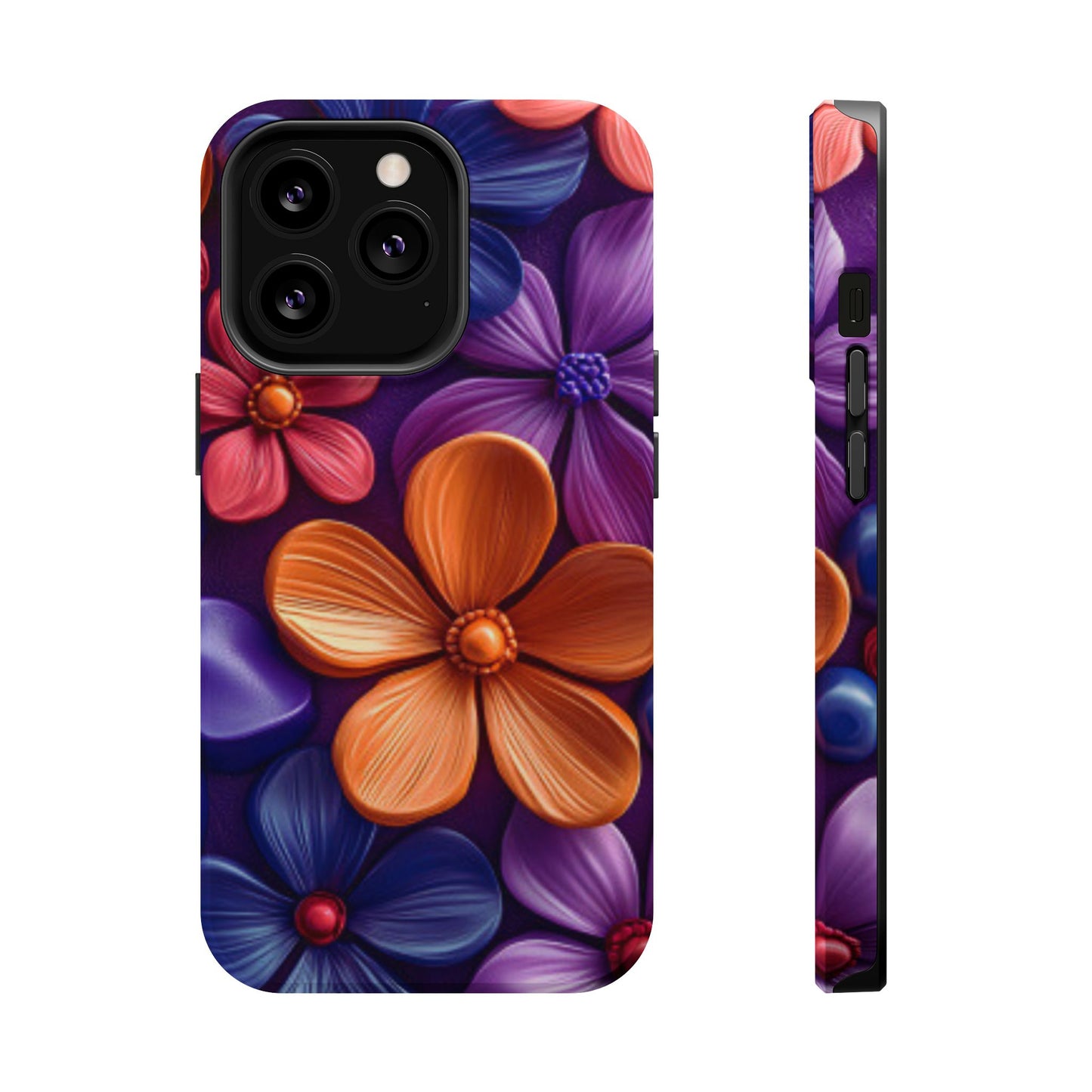 Bold Floral 3D MagSafe iPhone Case – Vivid Purple and Orange Flower Design, Shock-Resistant