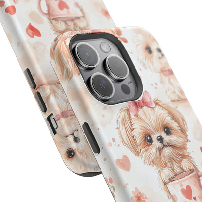 Puppies & Heart Mugs MagSafe iPhone Case – Sweet Dog & Floral Design, Shockproof & Slim