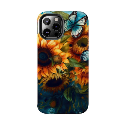 Aqua Blue Butterfly & Sunflower Art – iPhone Case