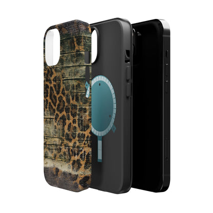 Rustic Wood and Leopard Print Tough MagSafe iPhone Case – Distressed Western Design with Dual-Layer Protection