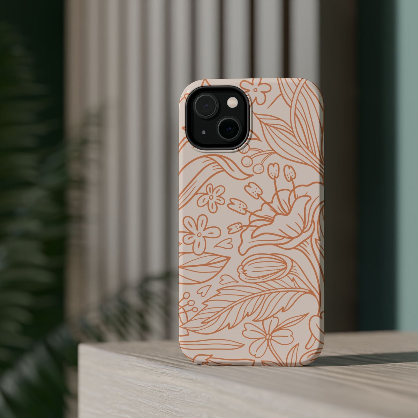 Soft Terracotta Floral Line Art Tough MagSafe iPhone Case – Minimalist Botanical Design with Dual-Layer Protection