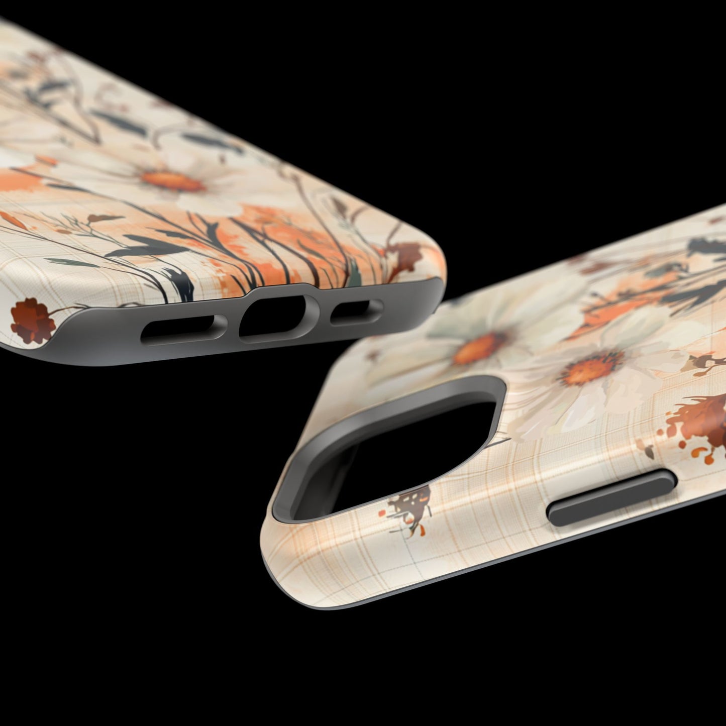 Pastel Orange Floral MagSafe iPhone Case - Elegant Plaid Protective Cover