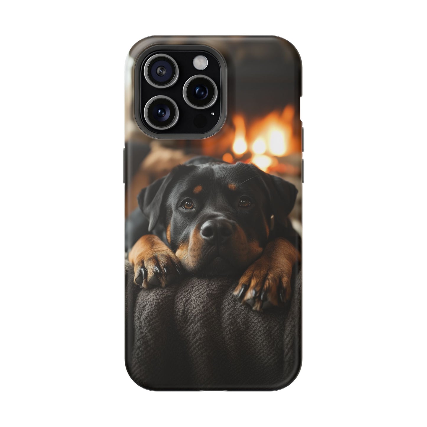 Cozy Rottweiler by the Fireplace MagSafe iPhone Case – Warm Rustic Design