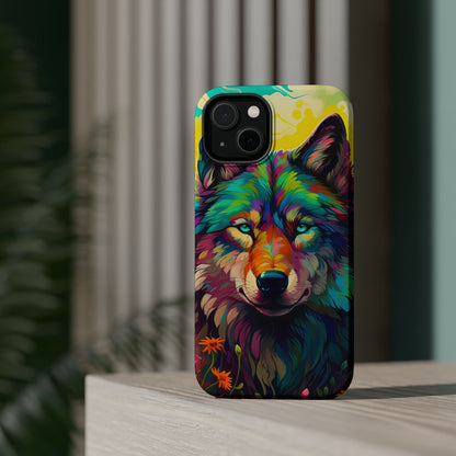 Rainbow Wolf in Bloom – MagSafe iPhone Case with Nature-Inspired Design