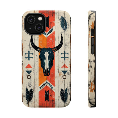 Rustic Western Bull Skull Tough MagSafe iPhone Case – Distressed Wood Design, Dual-Layer Protection