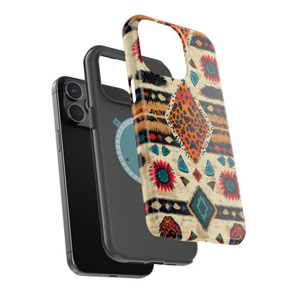 Wild Boho Leopard Print & Floral Tough MagSafe iPhone Case – Eclectic Tribal Design, Dual-Layer Protection